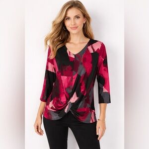 Alfani Abstract Print Twist-Front Blouse Size M Burgundy Pink Black